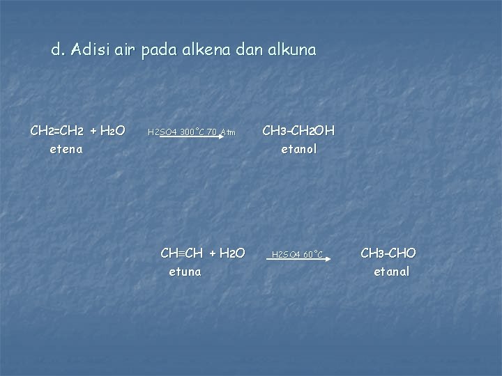 d. Adisi air pada alkena dan alkuna CH 2=CH 2 + H 2 O