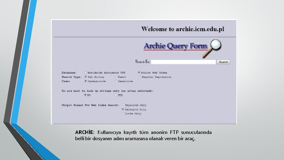ARCHİE: Kullanıcıya kayıtlı tüm anonim FTP sunucularında belli bir dosyanın adını aramasına olanak veren