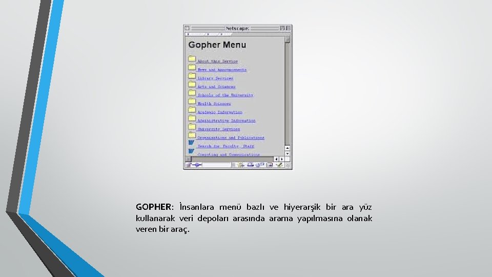 GOPHER: İnsanlara menü bazlı ve hiyerarşik bir ara yüz kullanarak veri depoları arasında arama