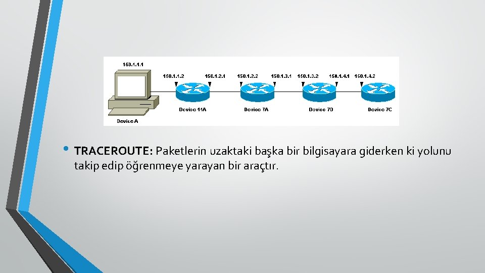  • TRACEROUTE: Paketlerin uzaktaki başka bir bilgisayara giderken ki yolunu takip edip öğrenmeye