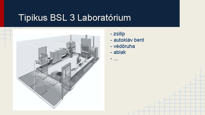 Tipikus BSL 3 Laboratórium - zsilip - autokláv bent - védőruha - ablak -.
