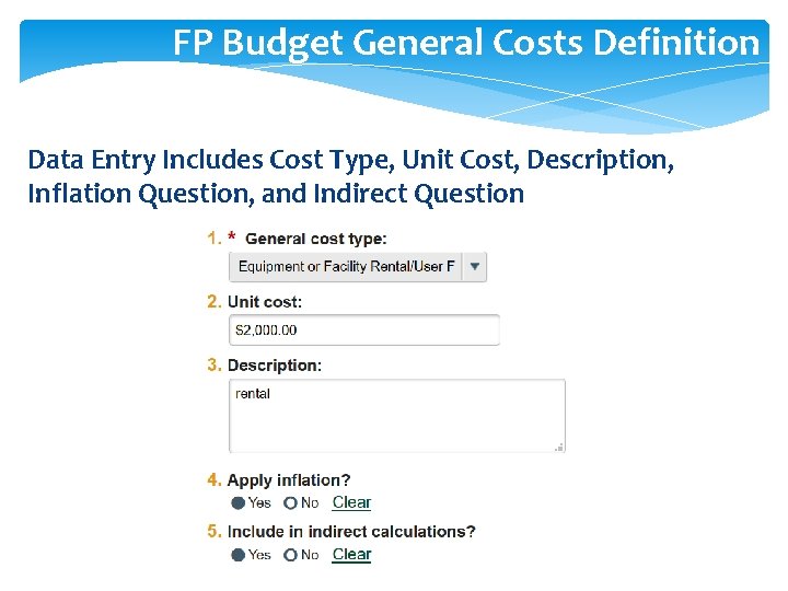 FP Budget General Costs Definition Data Entry Includes Cost Type, Unit Cost, Description, Inflation