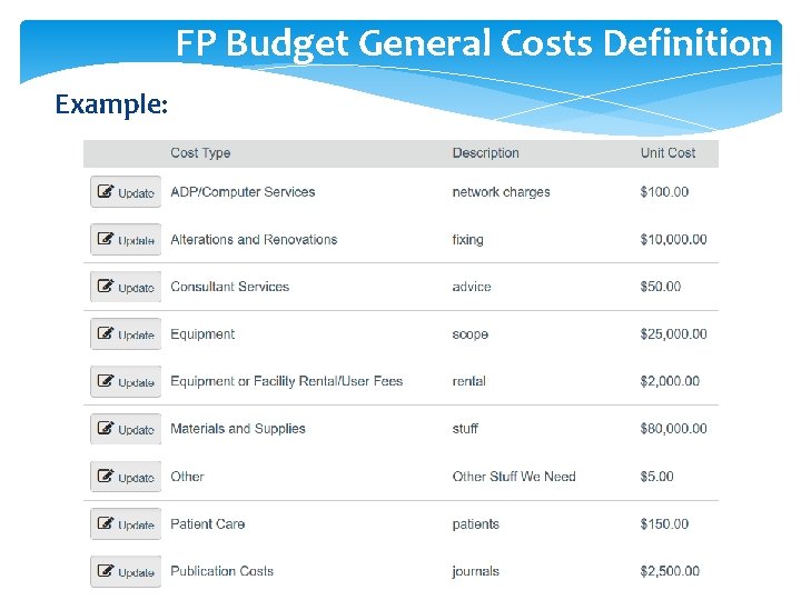 FP Budget General Costs Definition Example: 