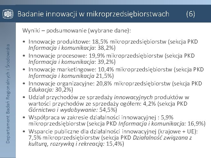 Badanie innowacji w mikroprzedsiębiorstwach (6) Departament Badań Regionalnych i Środowiska Wyniki – podsumowanie (wybrane