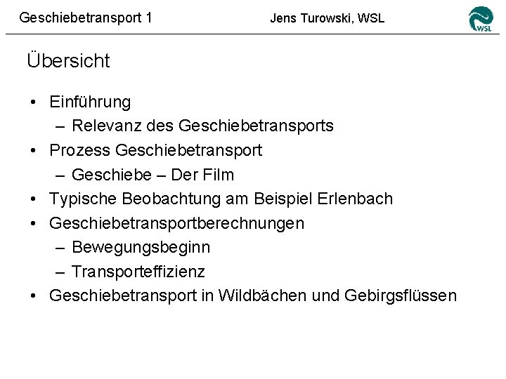 Geschiebetransport 1 Jens Turowski, WSL Übersicht • Einführung – Relevanz des Geschiebetransports • Prozess