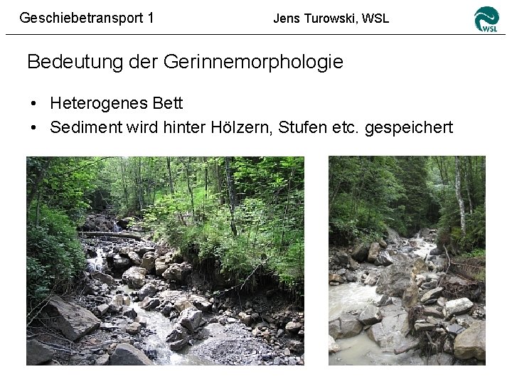 Geschiebetransport 1 Jens Turowski, WSL Bedeutung der Gerinnemorphologie • Heterogenes Bett • Sediment wird