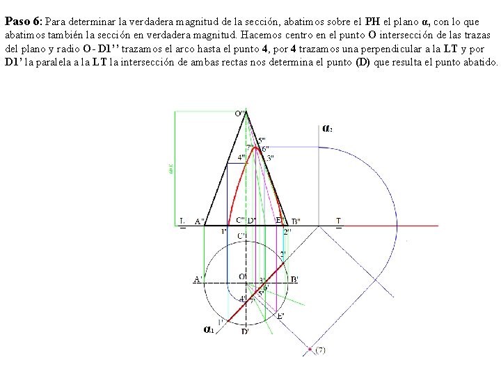 Paso 6: Para determinar la verdadera magnitud de la sección, abatimos sobre el PH