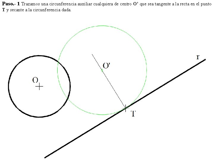 Paso. - 1 Trazamos una circunferencia auxiliar cualquiera de centro O’ que sea tangente