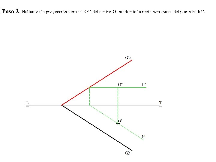 Paso 2. -Hallamos la proyección vertical O’’ del centro O, mediante la recta horizontal