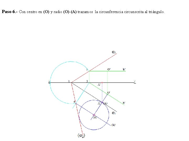 Paso 6. - Con centro en (O) y radio (O)-(A) trazamos la circunferencia circunscrita