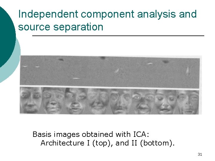 Independent component analysis and source separation Basis images obtained with ICA: Architecture I (top),