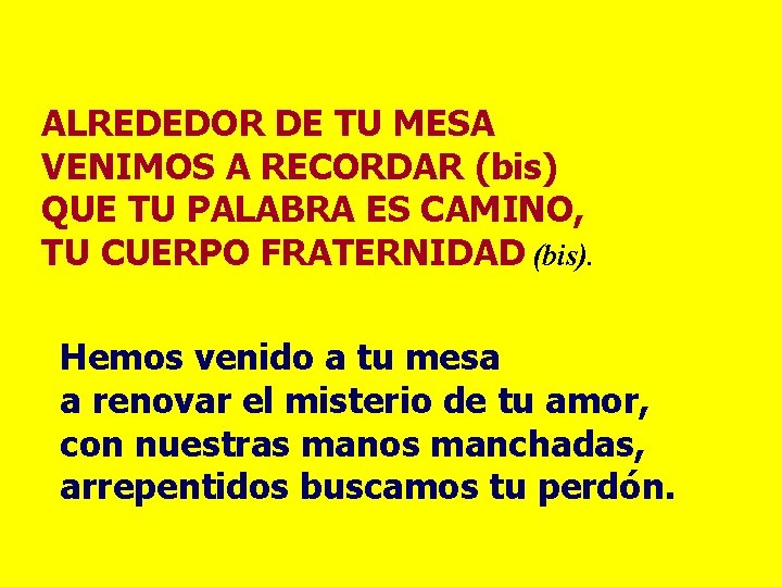 ALREDEDOR DE TU MESA VENIMOS A RECORDAR (bis) QUE TU PALABRA ES CAMINO, TU