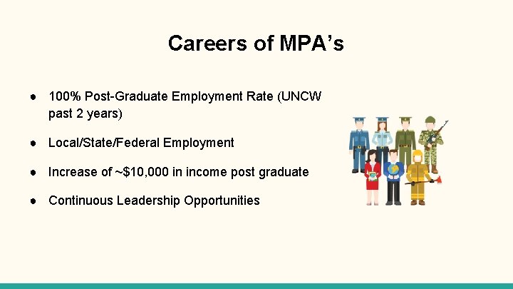 Careers of MPA’s ● 100% Post-Graduate Employment Rate (UNCW past 2 years) ● Local/State/Federal