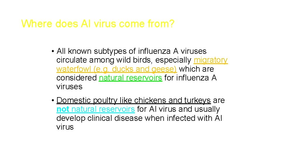 Where does AI virus come from? • All known subtypes of influenza A viruses