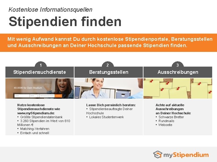 Kostenlose Informationsquellen Stipendien finden Mit wenig Aufwand kannst Du durch kostenlose Stipendienportale, Beratungsstellen und