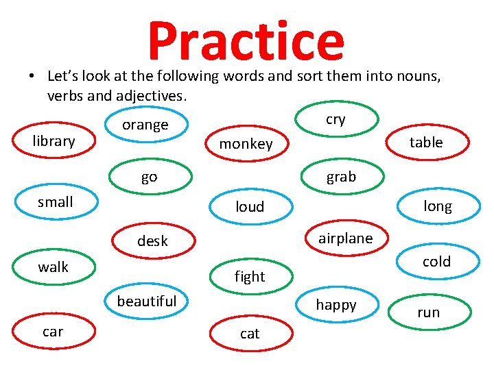Practice • Let’s look at the following words and sort them into nouns, verbs