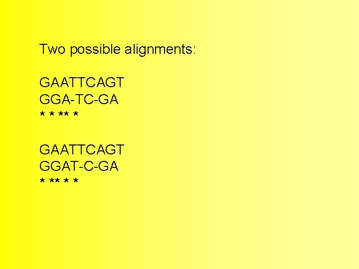 Two possible alignments: GAATTCAGT GGA-TC-GA * * ** * GAATTCAGT GGAT-C-GA * ** *