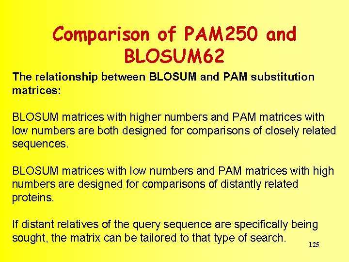 Comparison of PAM 250 and BLOSUM 62 The relationship between BLOSUM and PAM substitution