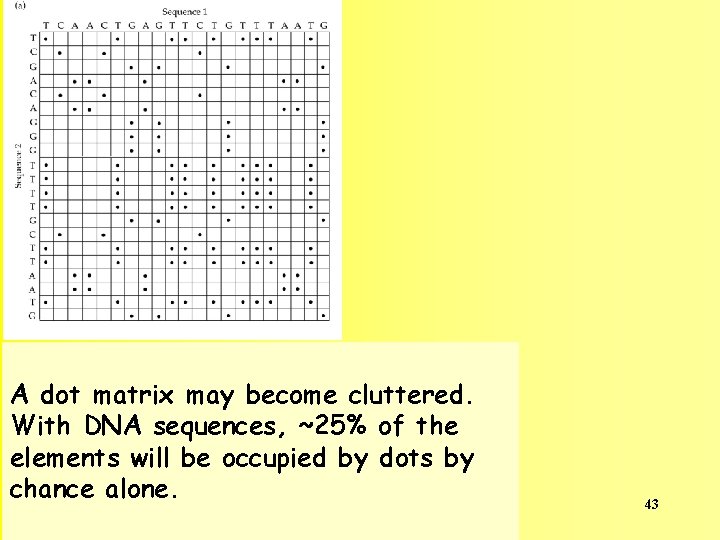 A dot matrix may become cluttered. With DNA sequences, ~25% of the elements will