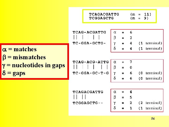a = matches b = mismatches g = nucleotides in gaps d = gaps