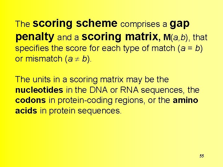 The scoring scheme comprises a gap penalty and a scoring matrix, M(a, b), that