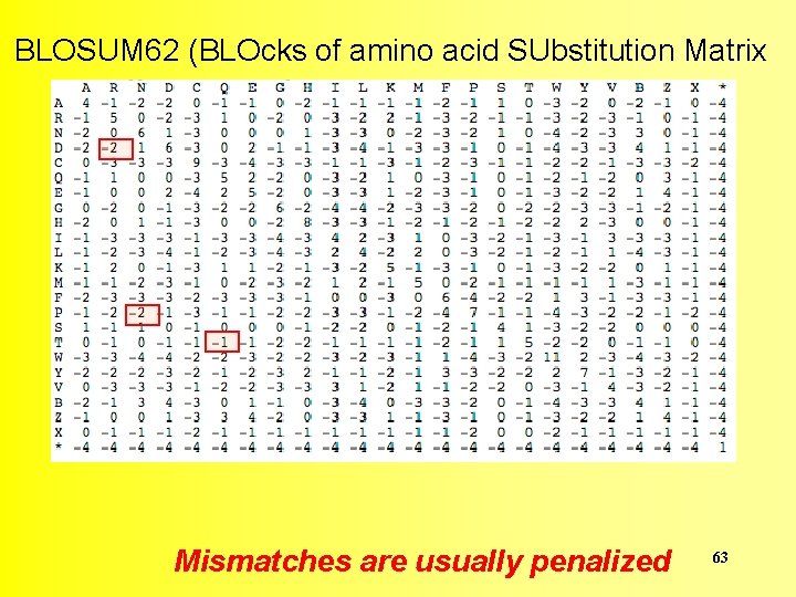 BLOSUM 62 (BLOcks of amino acid SUbstitution Matrix Mismatches are usually penalized 63 