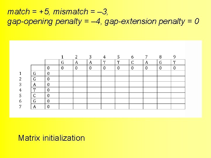 match = +5, mismatch = – 3, gap-opening penalty = – 4, gap-extension penalty