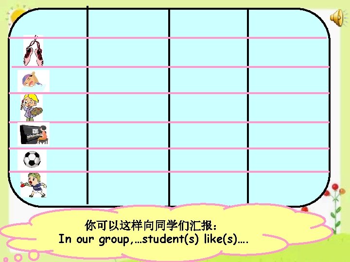 你可以这样向同学们汇报： Miss Ma likes playing table tennis. In our group, …student(s) like(s)…. … 