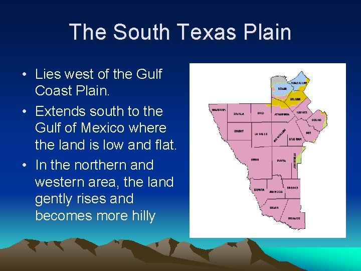 The South Texas Plain • Lies west of the Gulf Coast Plain. • Extends