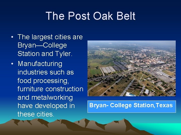 The Post Oak Belt • The largest cities are Bryan—College Station and Tyler. •