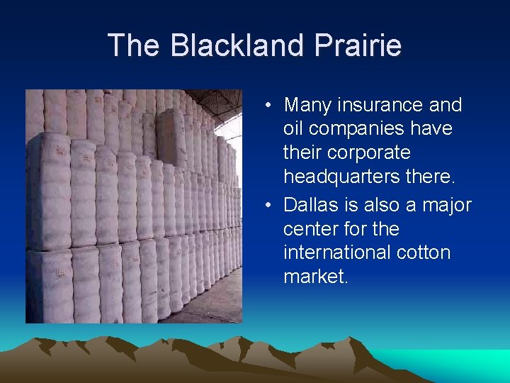 The Blackland Prairie • Many insurance and oil companies have their corporate headquarters there.