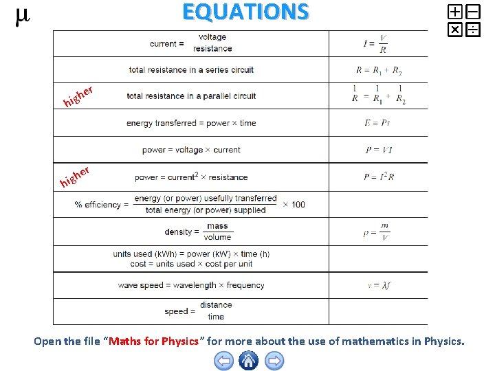 EQUATIONS r e igh h er h hig Open the file “Maths for Physics”