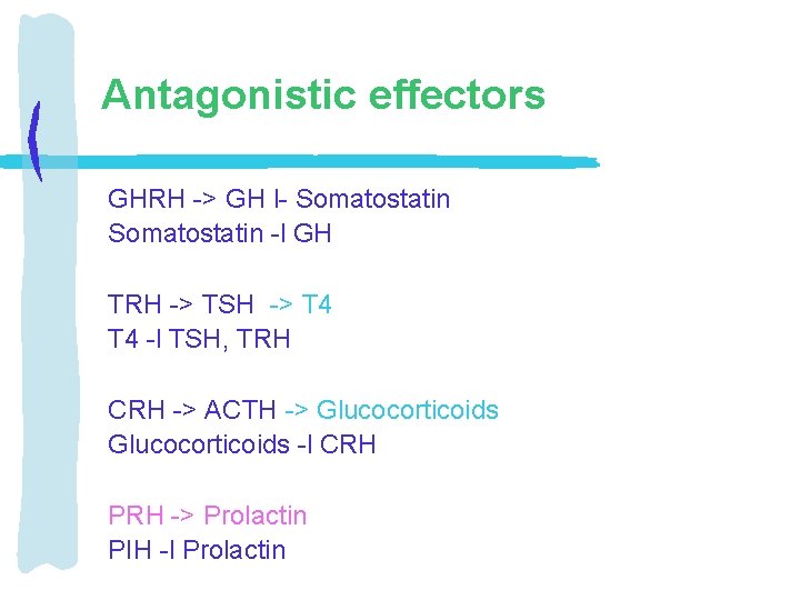 Antagonistic effectors GHRH -> GH l- Somatostatin -l GH TRH -> TSH -> T