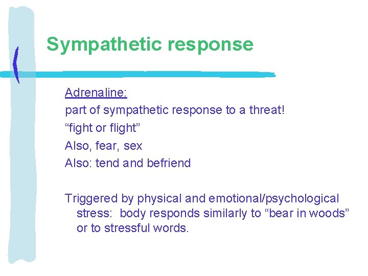 Sympathetic response Adrenaline: part of sympathetic response to a threat! “fight or flight” Also,