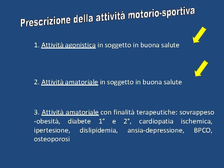 1. Attività agonistica in soggetto in buona salute 2. Attività amatoriale in soggetto in