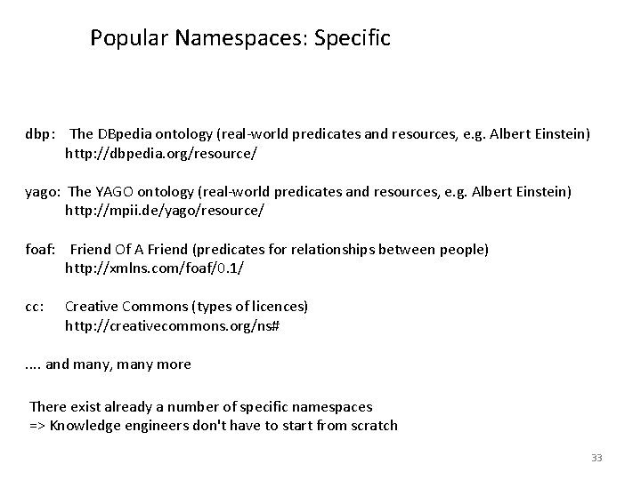Popular Namespaces: Specific dbp: The DBpedia ontology (real-world predicates and resources, e. g. Albert