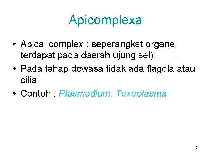 Apicomplexa • Apical complex : seperangkat organel terdapat pada daerah ujung sel) • Pada