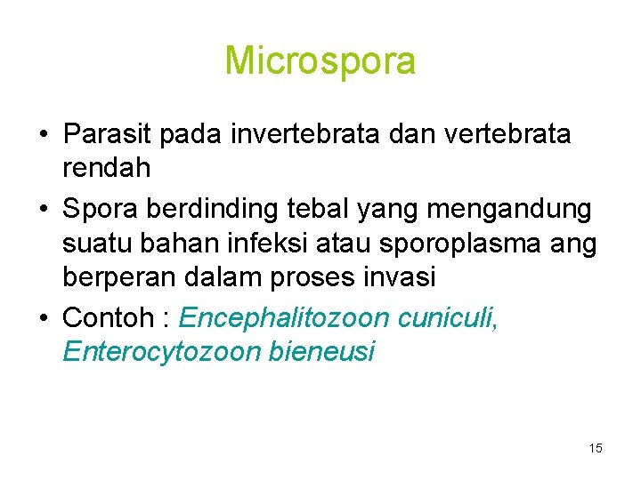 Microspora • Parasit pada invertebrata dan vertebrata rendah • Spora berdinding tebal yang mengandung