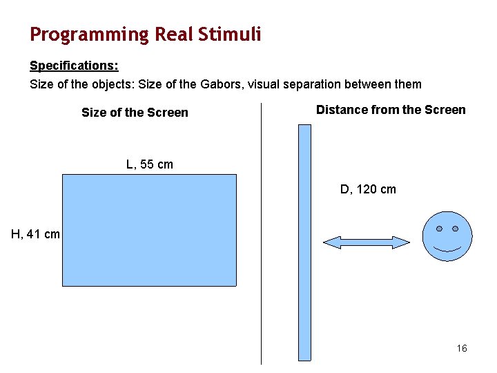 Programming Real Stimuli Specifications: Size of the objects: Size of the Gabors, visual separation