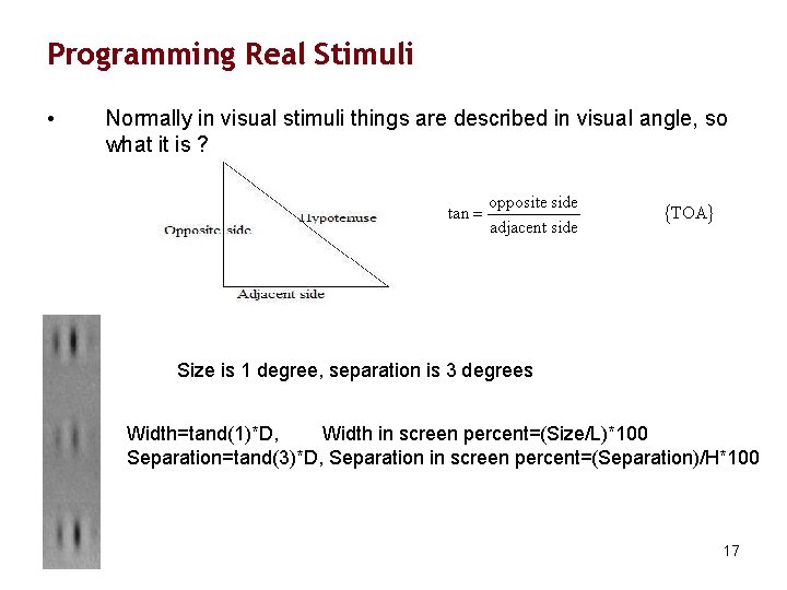 Programming Real Stimuli • Normally in visual stimuli things are described in visual angle,