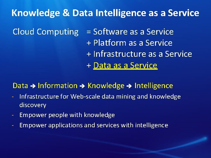 Knowledge & Data Intelligence as a Service Cloud Computing = Software as a Service