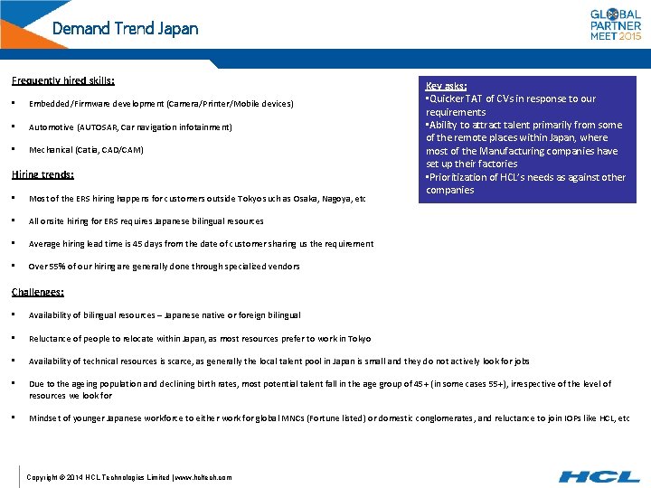 Demand Trend Japan Frequently hired skills: • Embedded/Firmware development (Camera/Printer/Mobile devices) • Automotive (AUTOSAR,