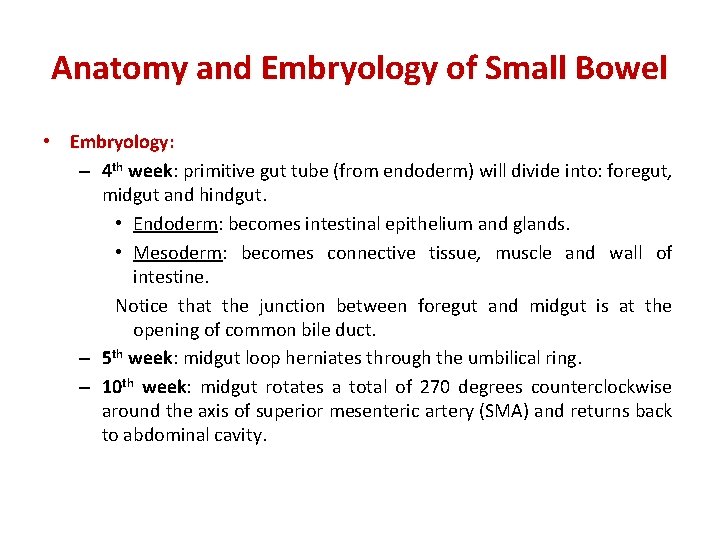 Anatomy and Embryology of Small Bowel • Embryology: – 4 th week: primitive gut