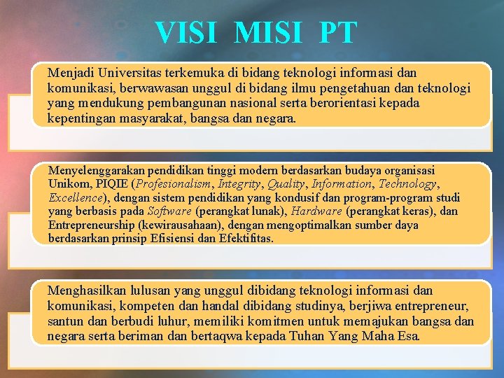 VISI MISI PT Menjadi Universitas terkemuka di bidang teknologi informasi dan komunikasi, berwawasan unggul