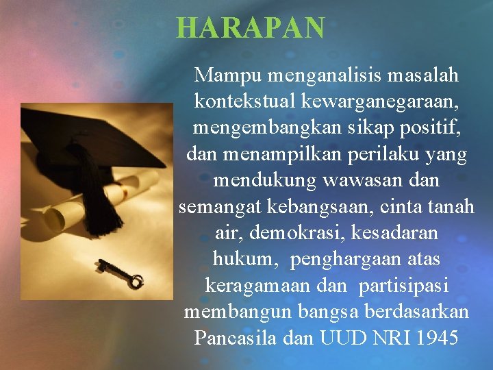 HARAPAN Mampu menganalisis masalah kontekstual kewarganegaraan, mengembangkan sikap positif, dan menampilkan perilaku yang mendukung