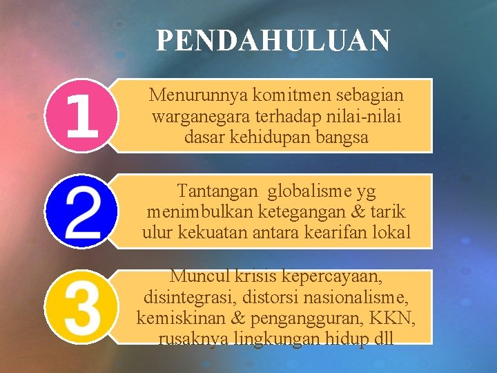 PENDAHULUAN Menurunnya komitmen sebagian warganegara terhadap nilai-nilai dasar kehidupan bangsa Tantangan globalisme yg menimbulkan