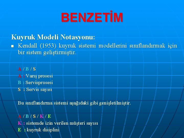 BENZETİM Kuyruk Modeli Notasyonu: n Kendall (1953) kuyruk sistemi modellerini sınıflandırmak için bir sistem