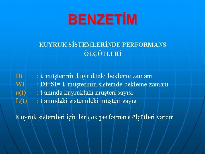 BENZETİM KUYRUK SİSTEMLERİNDE PERFORMANS ÖLÇÜTLERİ Di Wi a(t) L(t) : i. müşterinin kuyruktaki bekleme