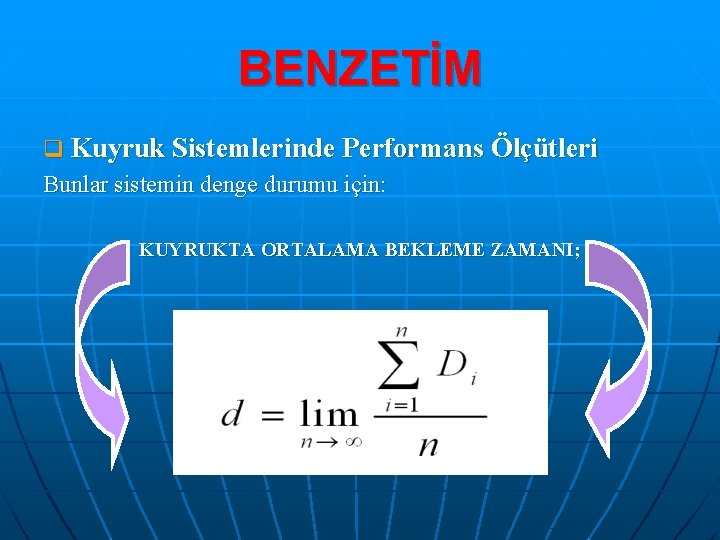 BENZETİM q Kuyruk Sistemlerinde Performans Ölçütleri Bunlar sistemin denge durumu için: KUYRUKTA ORTALAMA BEKLEME