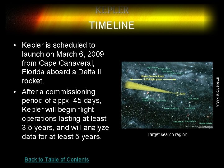 KEPLER TIMELINE Back to Table of Contents Image from NASA • Kepler is scheduled KEPLER TIMELINE Back to Table of Contents Image from NASA • Kepler is scheduled